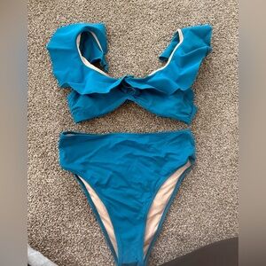 Shade And Shore- Teal ruffled swim suit, high waisted bottoms